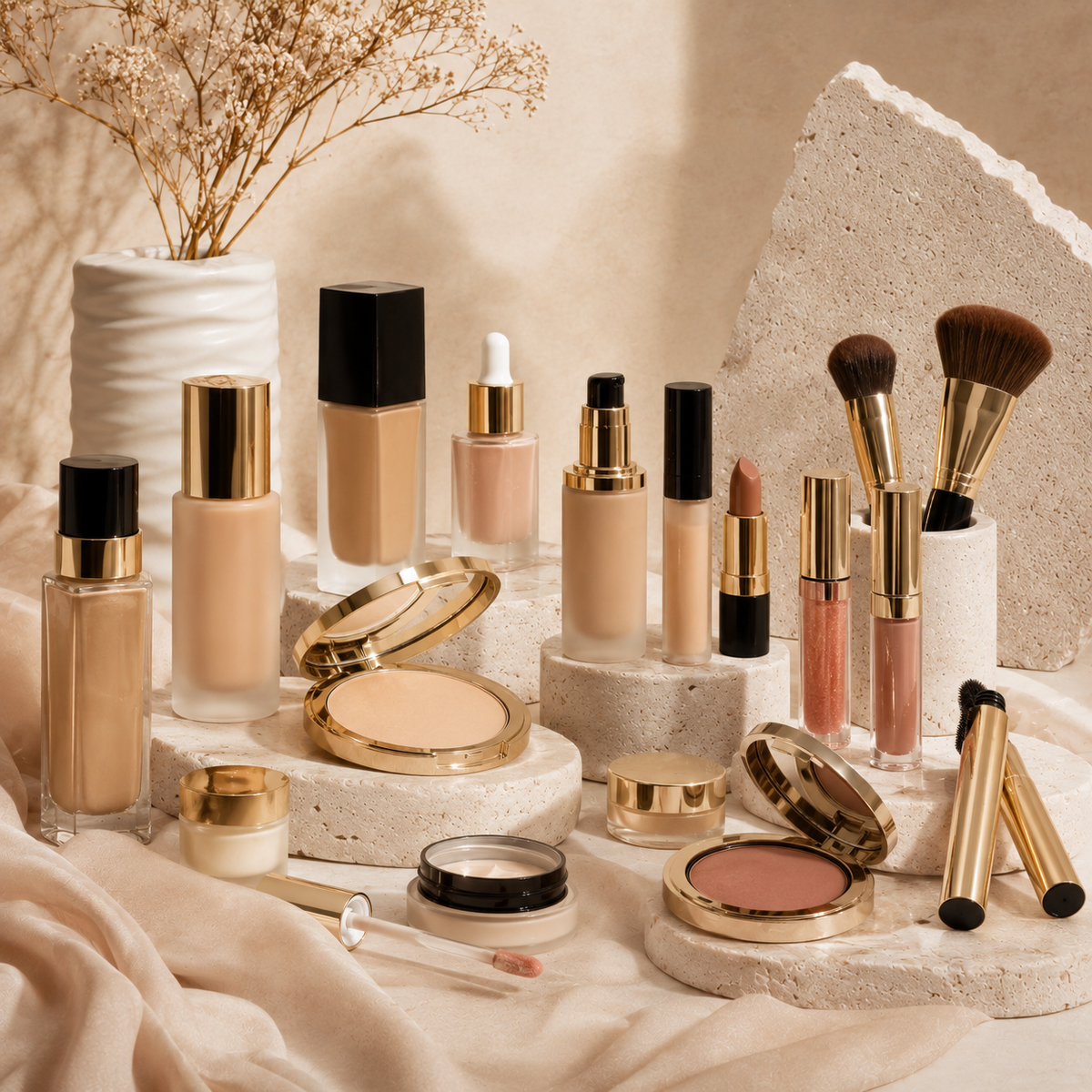 Luxusní make-up produkty myIdealSkin s pudrem, rtěnkou, leskem, paletkou a štětci v elegantním černo-zlatém stylu.